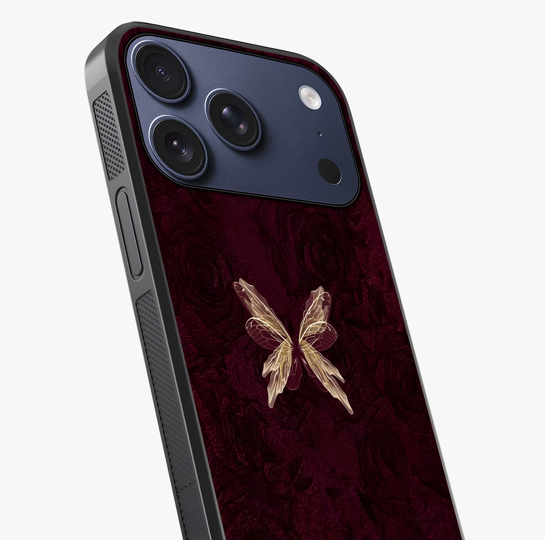 Crimson Fade Butterfly Glass Case captured at a warm angle highlighting gloss, texture and premium glass finish.