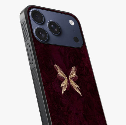 Crimson Fade Butterfly Glass Case captured at a warm angle highlighting gloss, texture and premium glass finish.