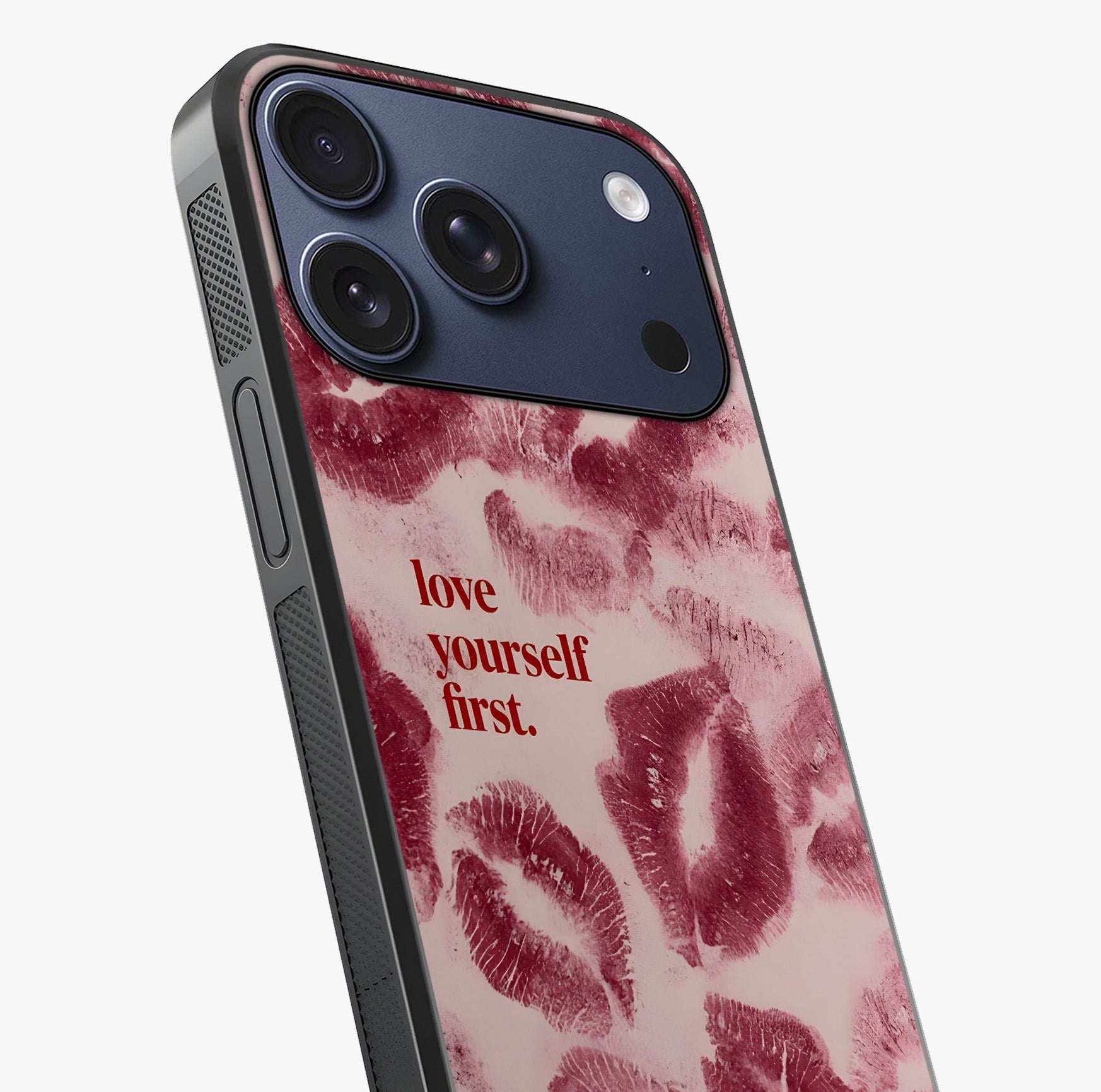Crimson Kiss Love Glass Case captured at a warm angle highlighting gloss, texture and premium glass finish.