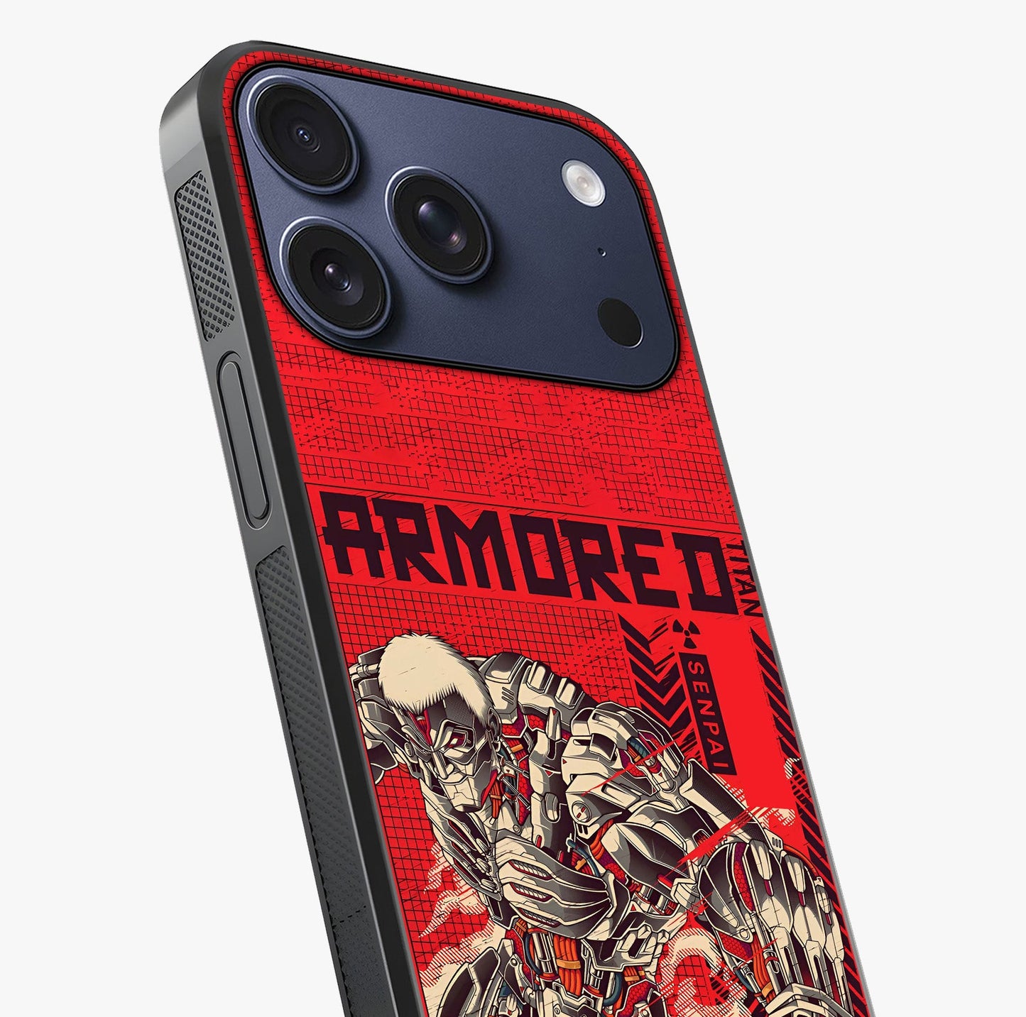 Crimson Mecha Titan Glass Case captured at a warm angle highlighting gloss, texture and premium glass finish.