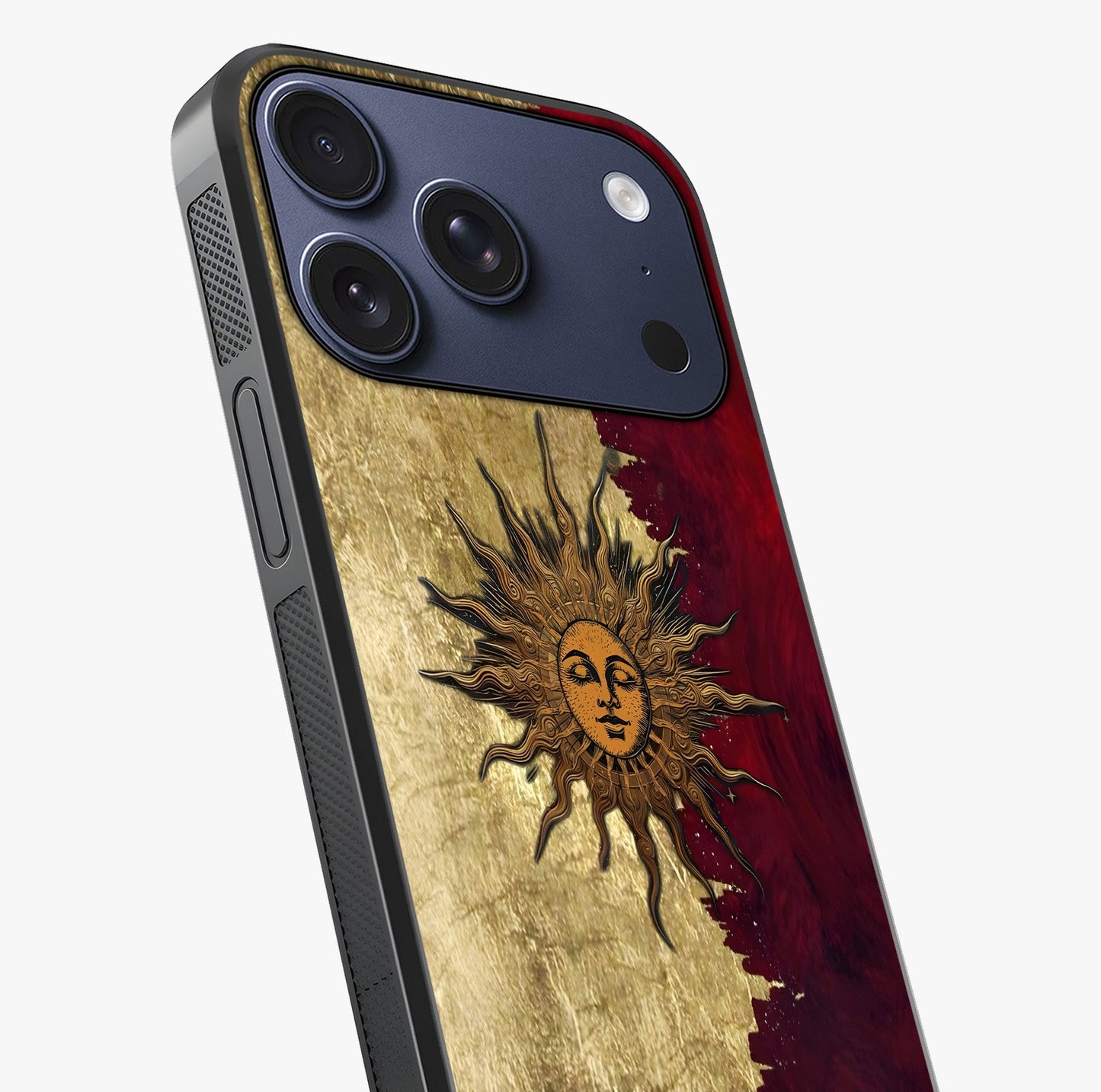 Crimson Sun Majesty Glass Case captured at a warm angle highlighting gloss, texture and premium glass finish.