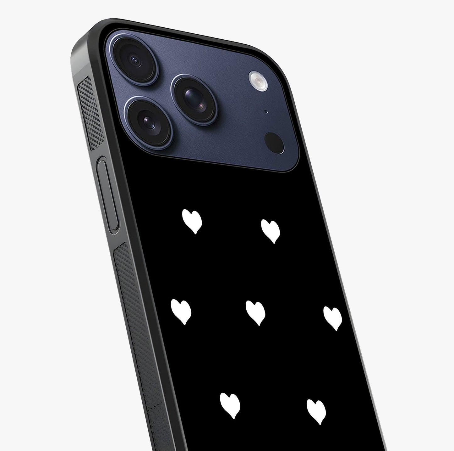 Cute And Simple White Hearts Glass Case captured at a warm angle highlighting gloss, texture and premium glass finish.