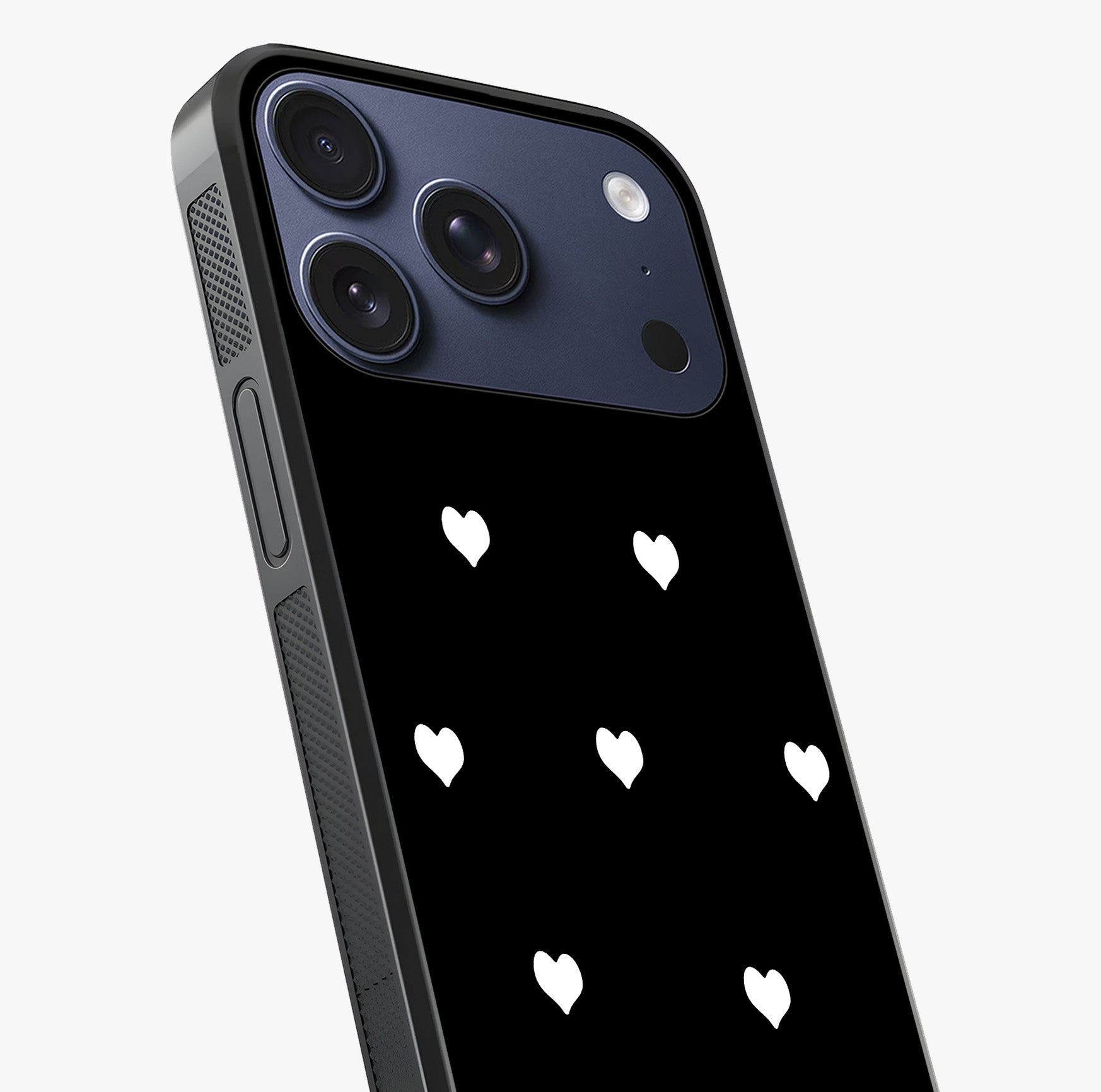 Cute And Simple White Hearts Glass Case captured at a warm angle highlighting gloss, texture and premium glass finish.
