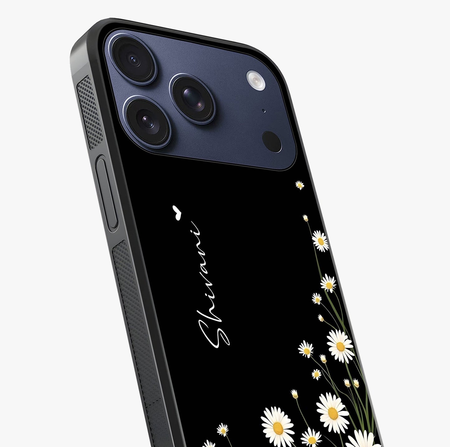 Daisy Cascade Custom Name Glass Case captured at a warm angle highlighting gloss, texture and premium glass finish.