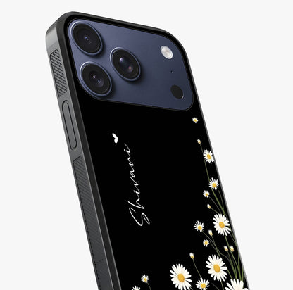 Daisy Cascade Custom Name Glass Case captured at a warm angle highlighting gloss, texture and premium glass finish.