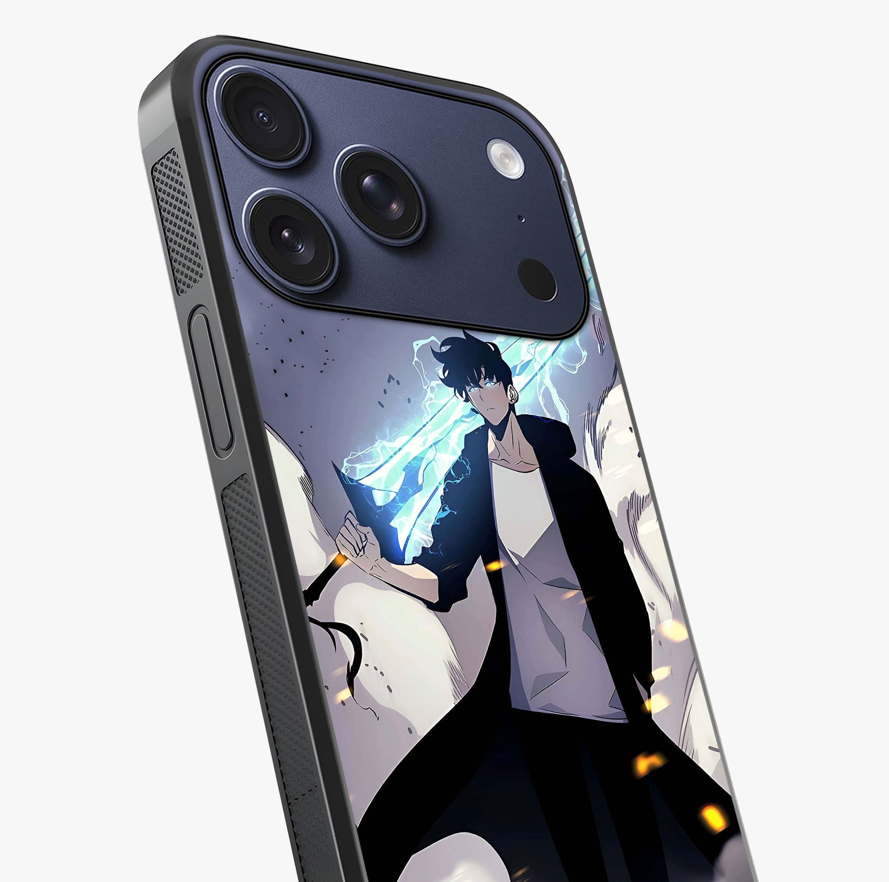 Dark Lightning Anime Warrior Glass Case captured at a warm angle highlighting gloss, texture and premium glass finish.