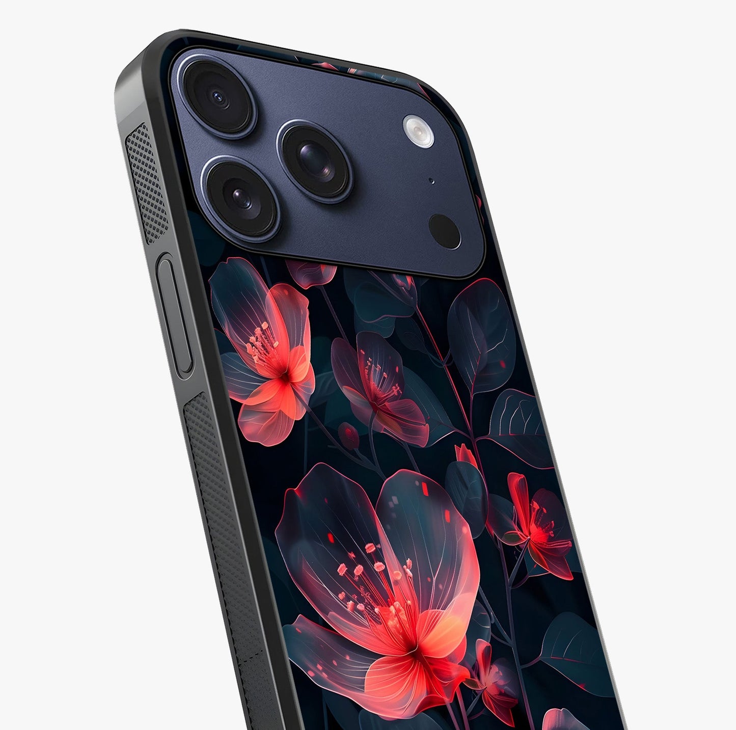 Dark Shade Of Flower Glass Case captured at a warm angle highlighting gloss, texture and premium glass finish.