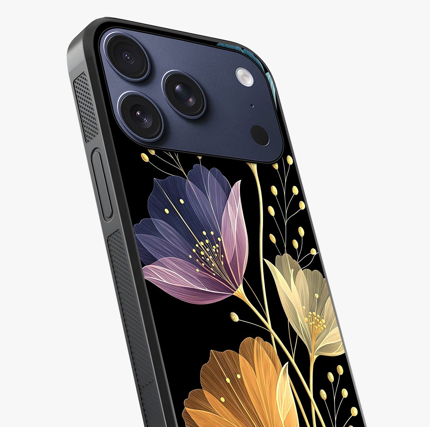 Delicate Multicolor Flowers Glass Case captured at a warm angle highlighting gloss, texture and premium glass finish.