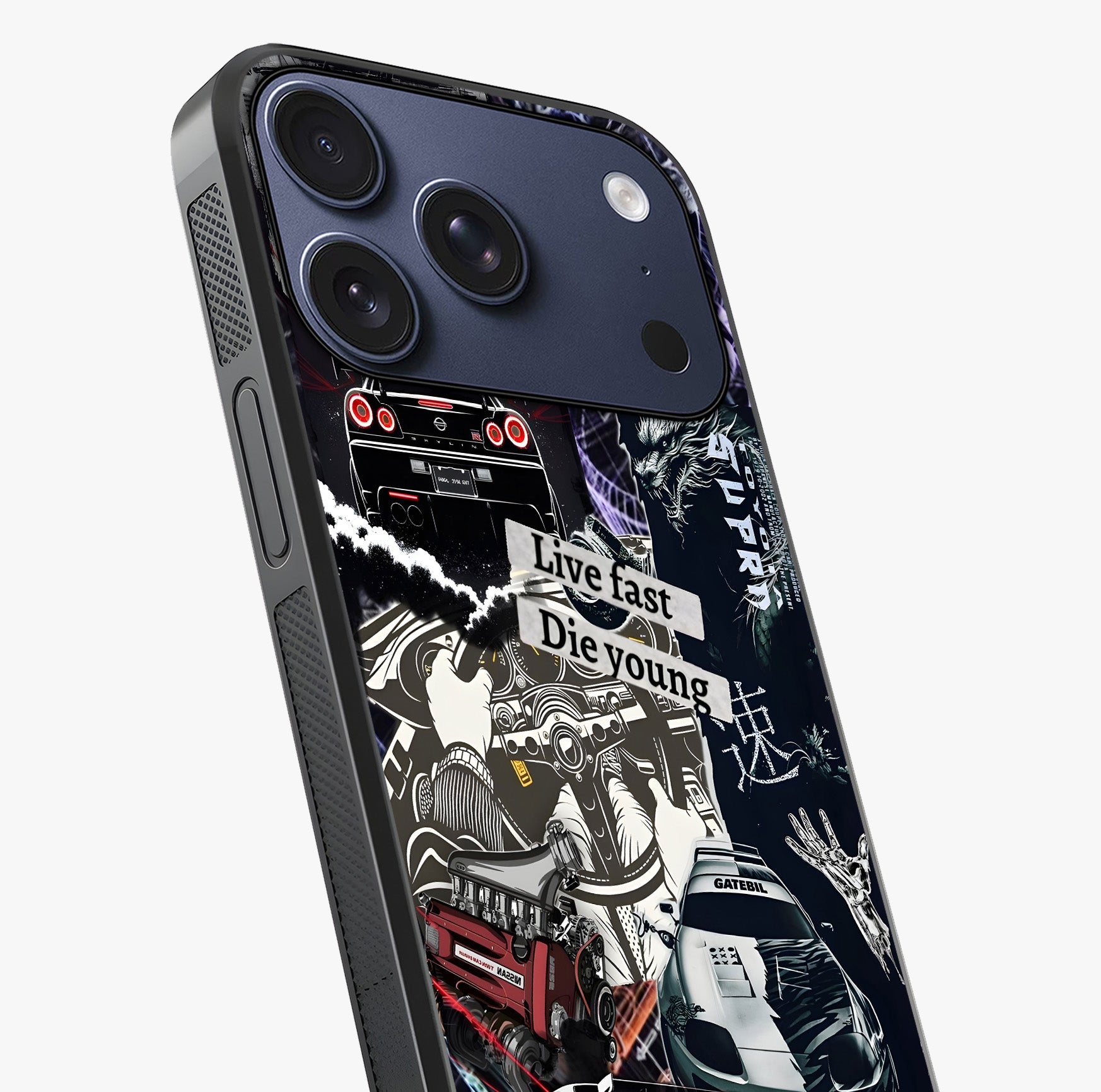 Die Young Glass Case captured at a warm angle highlighting gloss, texture and premium glass finish.