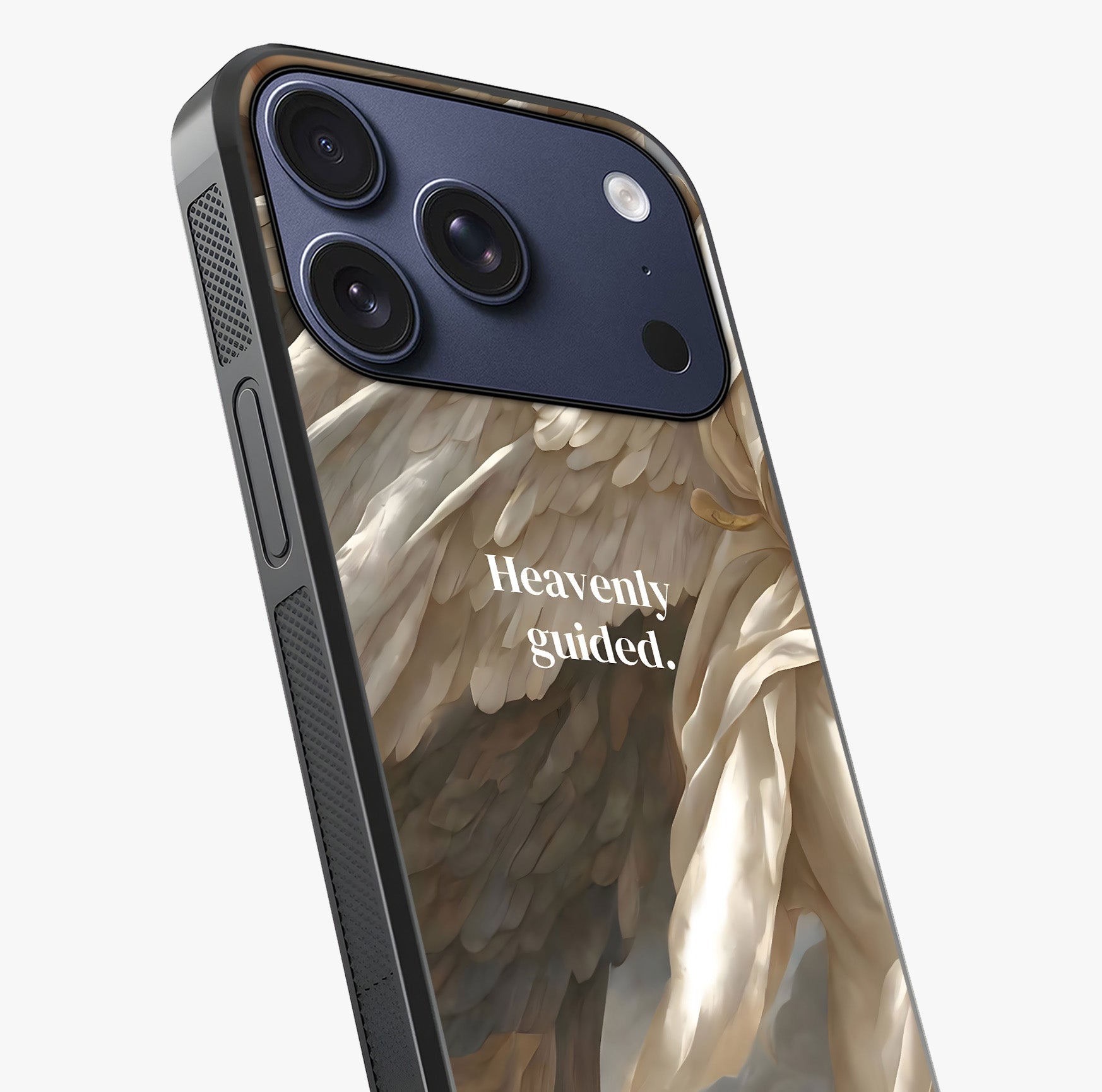 Divine Winged Grace Glass Case captured at a warm angle highlighting gloss, texture and premium glass finish.