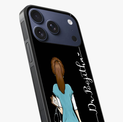 Doctor Pattern Custom Name Glass Case captured at a warm angle highlighting gloss, texture and premium glass finish.