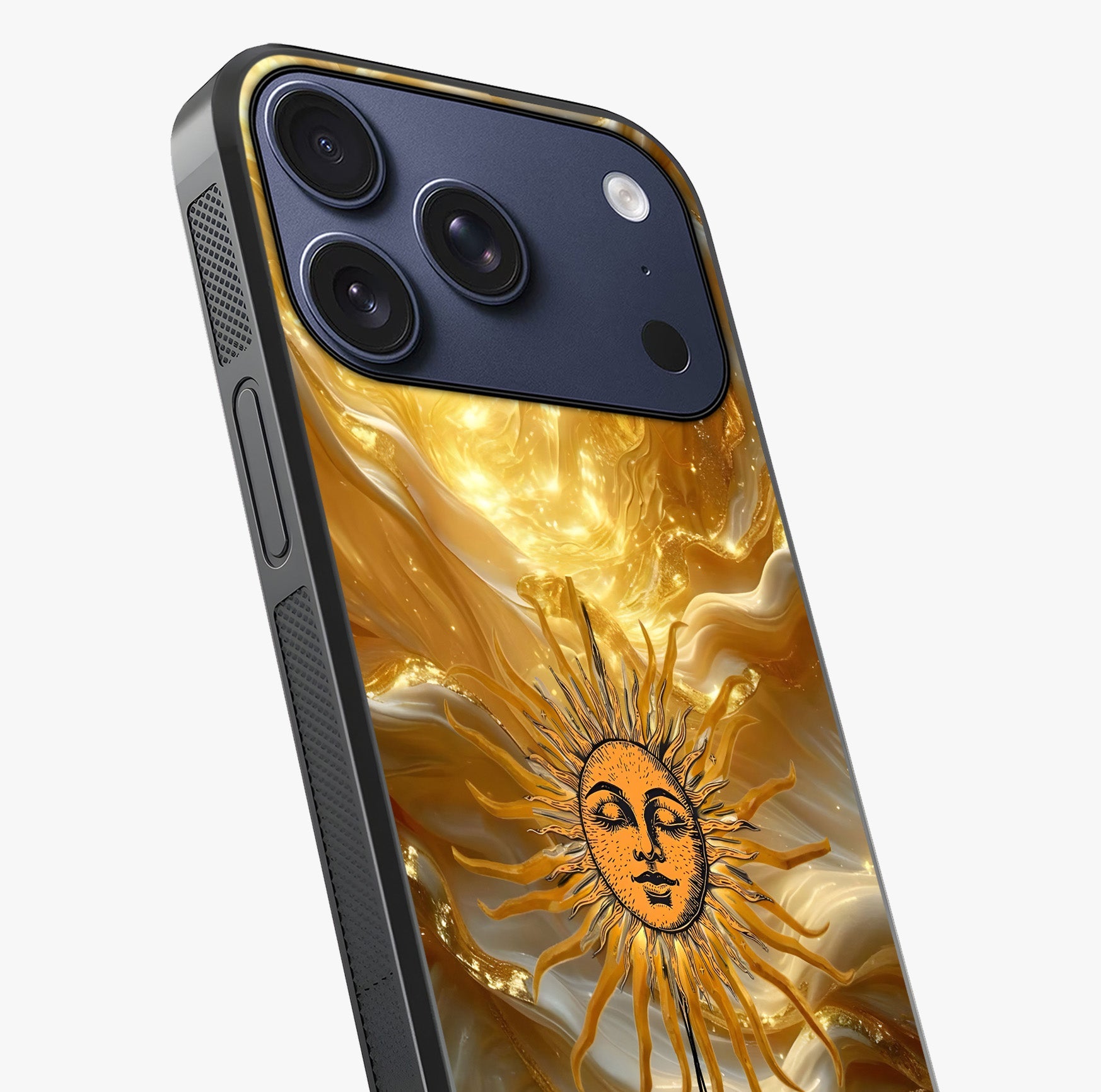Eternal Golden Glow Glass Case captured at a warm angle highlighting gloss, texture and premium glass finish.