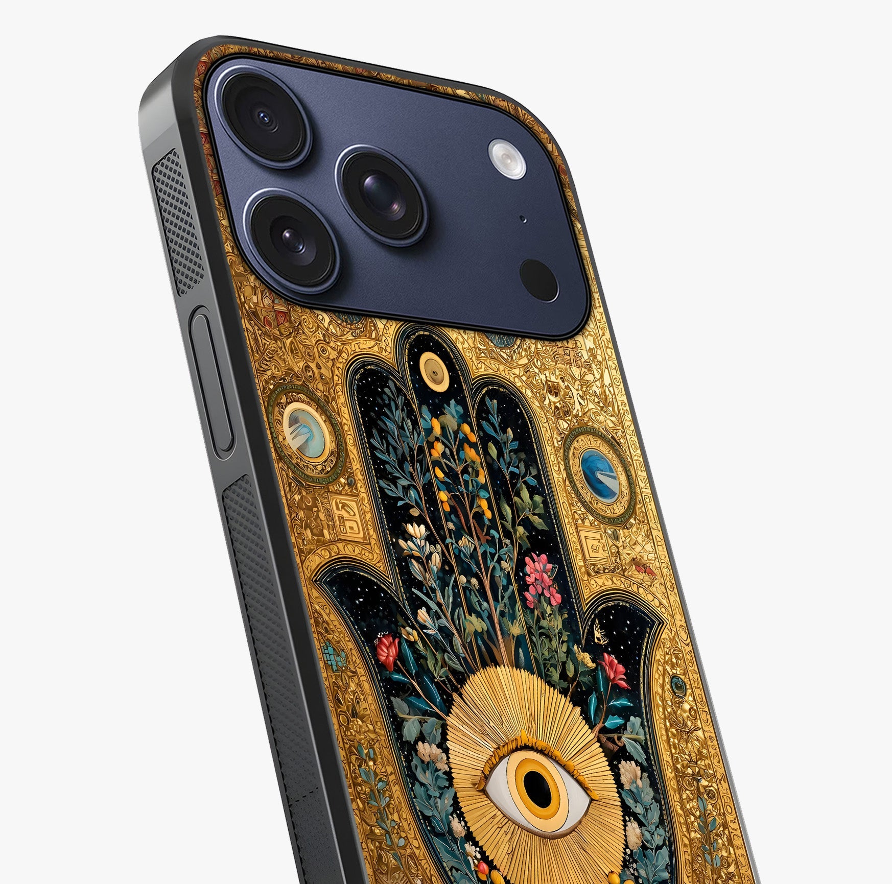 Ethereal Evil Eye Glass Case captured at a warm angle highlighting gloss, texture and premium glass finish.