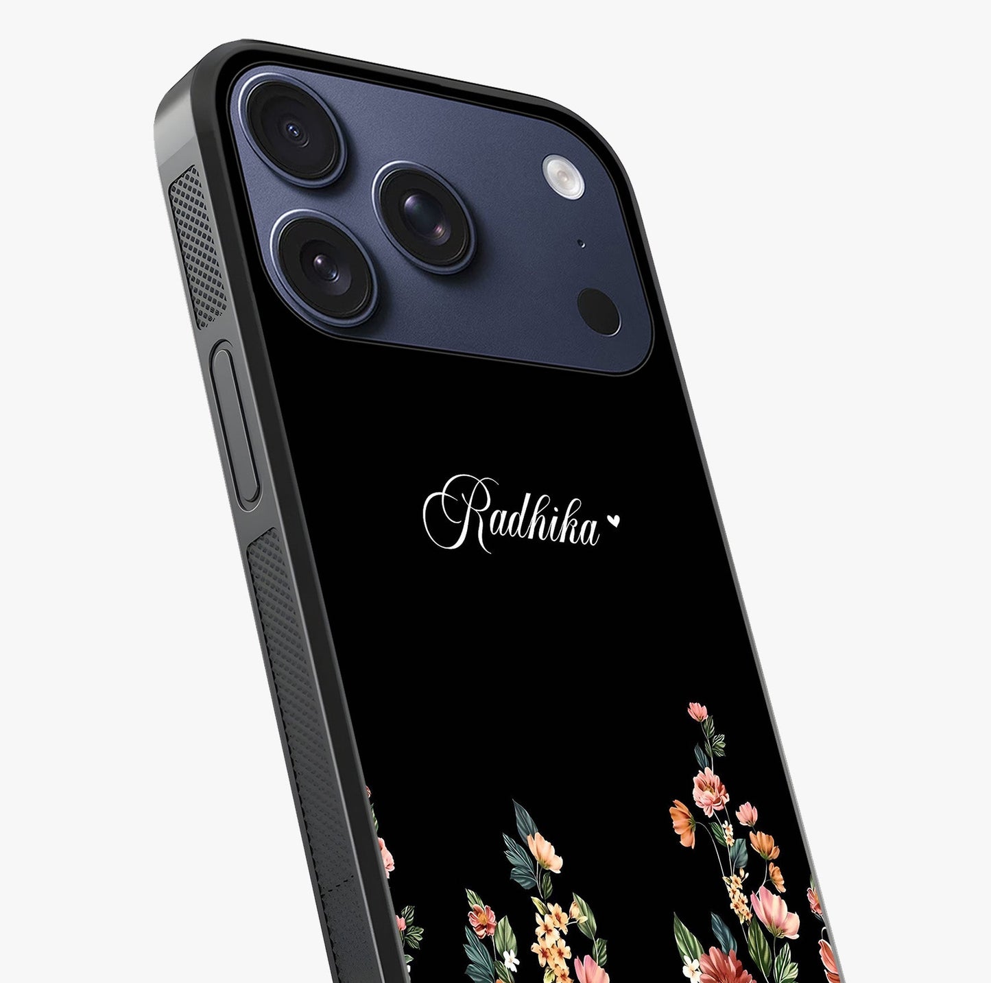 Floral Design With A Custom Personalized Name Glass Case captured at a warm angle highlighting gloss, texture and premium glass finish.