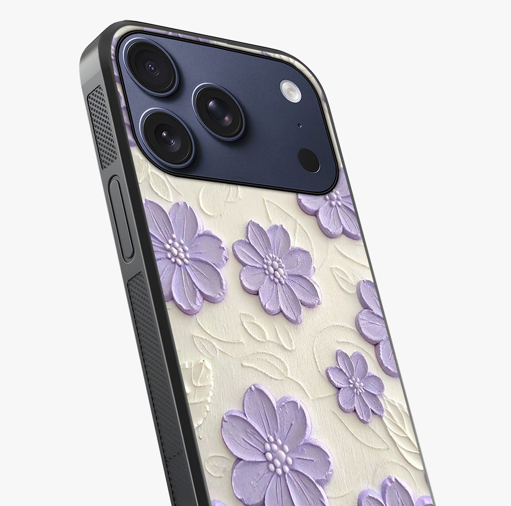 Floral Wall Art With Purple Flowers Glass Case captured at a warm angle highlighting gloss, texture and premium glass finish.