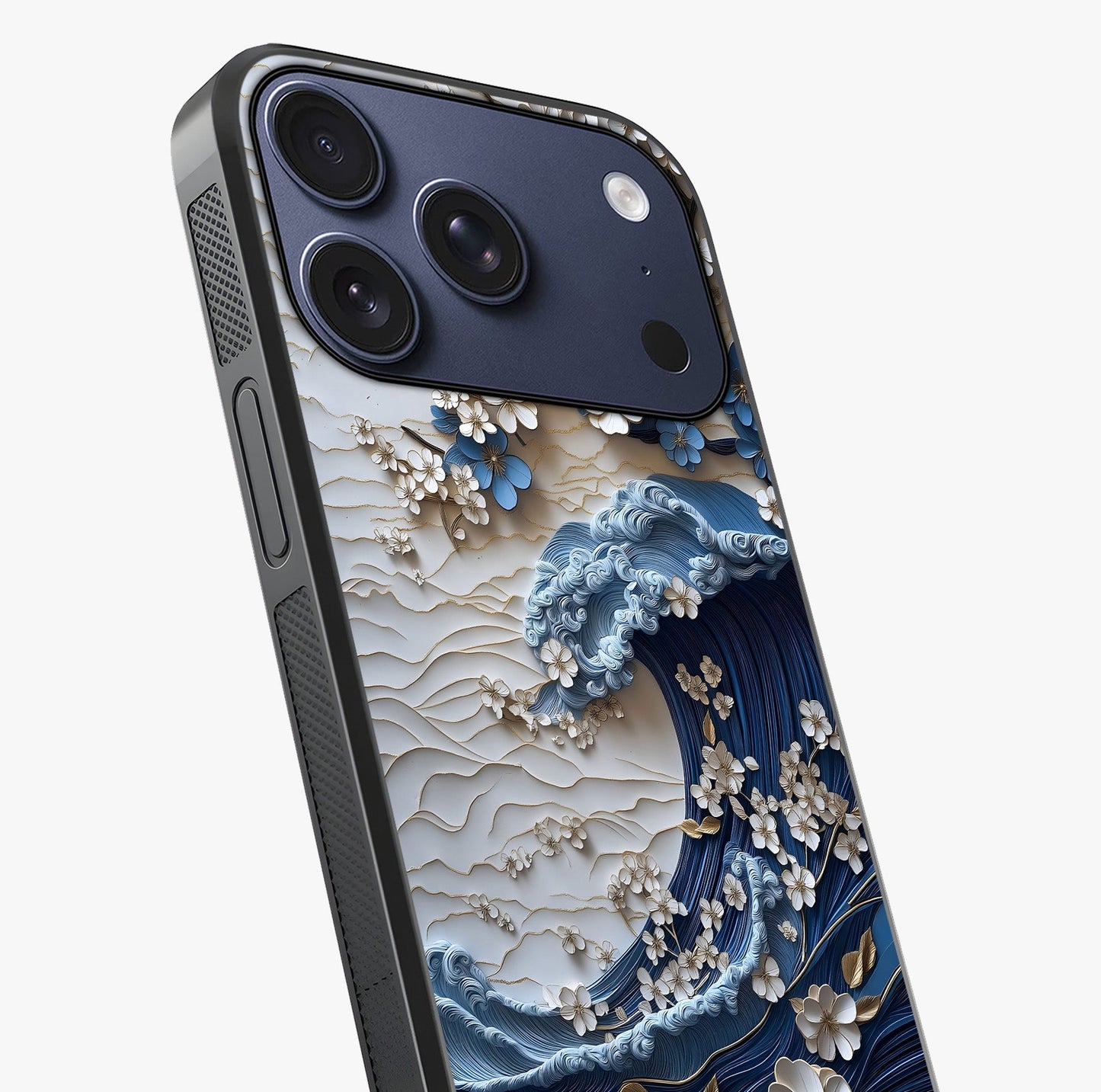 Floral Wave Origami Glass Case captured at a warm angle highlighting gloss, texture and premium glass finish.