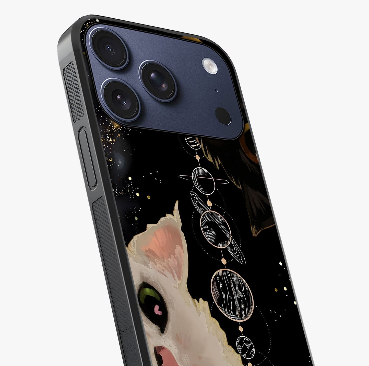 Galactic Cat Glass Case captured at a warm angle highlighting gloss, texture and premium glass finish.