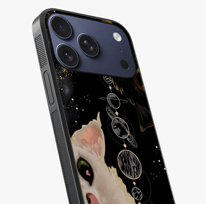 Galactic Cat Glass Case captured at a warm angle highlighting gloss, texture and premium glass finish.
