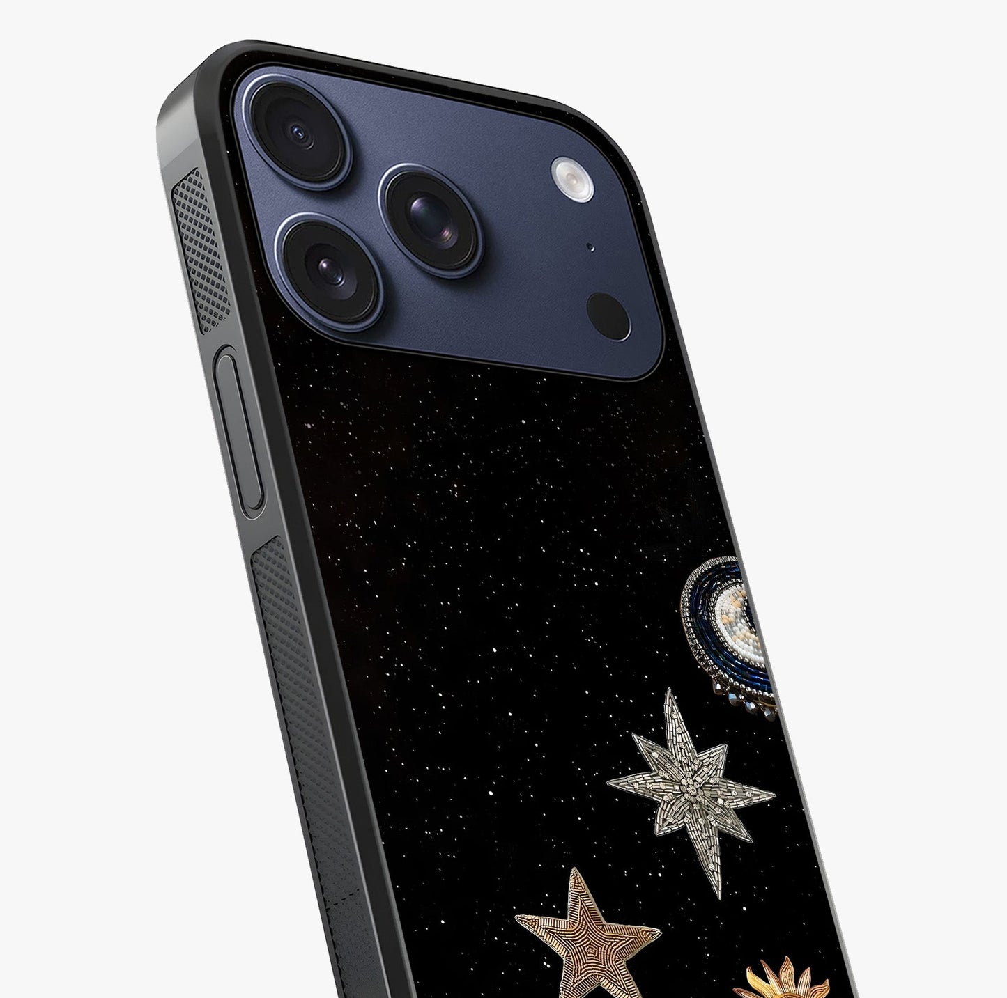 Galactic Charm Glow Glass Case captured at a warm angle highlighting gloss, texture and premium glass finish.