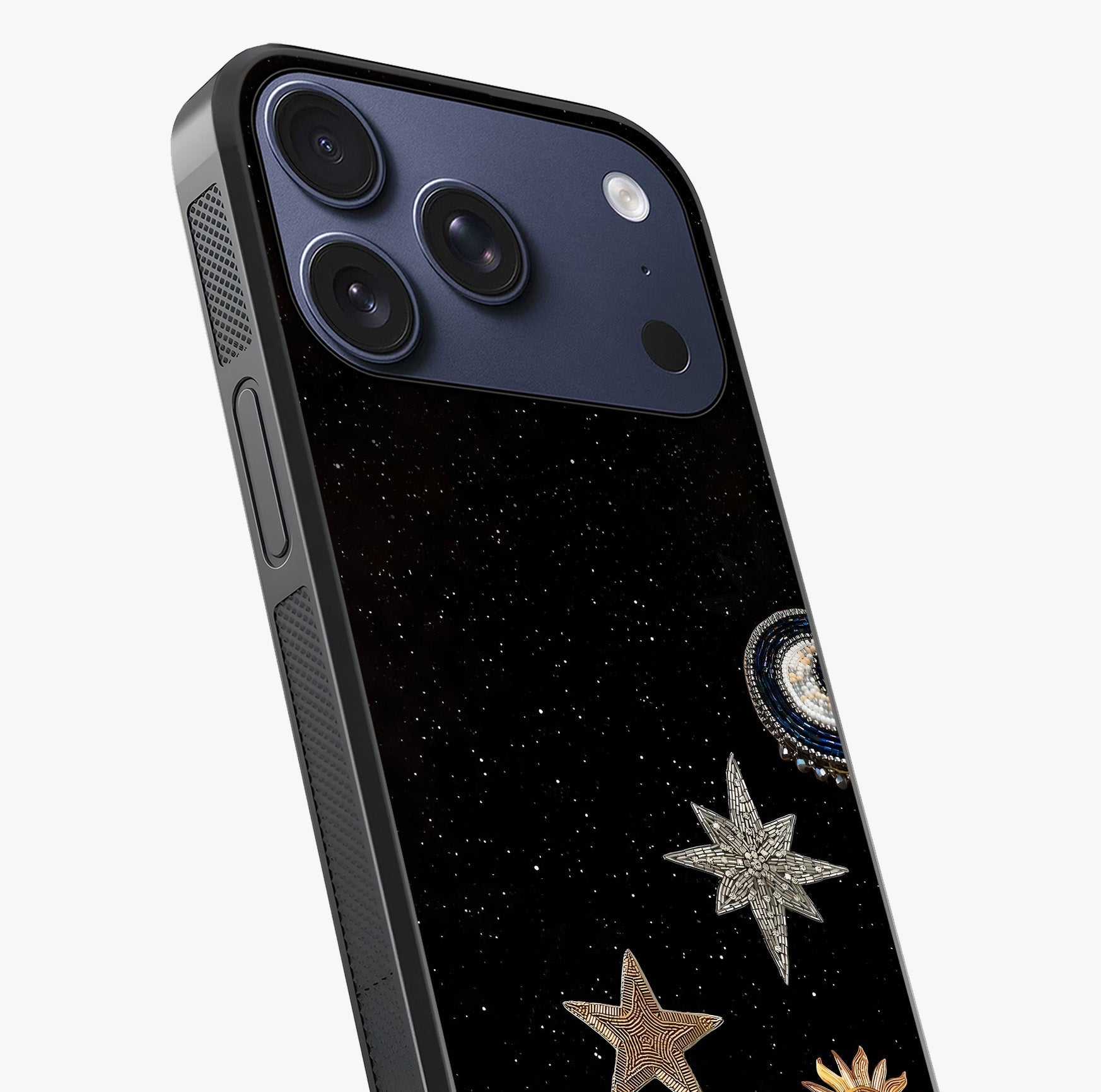 Galactic Charm Glow Glass Case captured at a warm angle highlighting gloss, texture and premium glass finish.