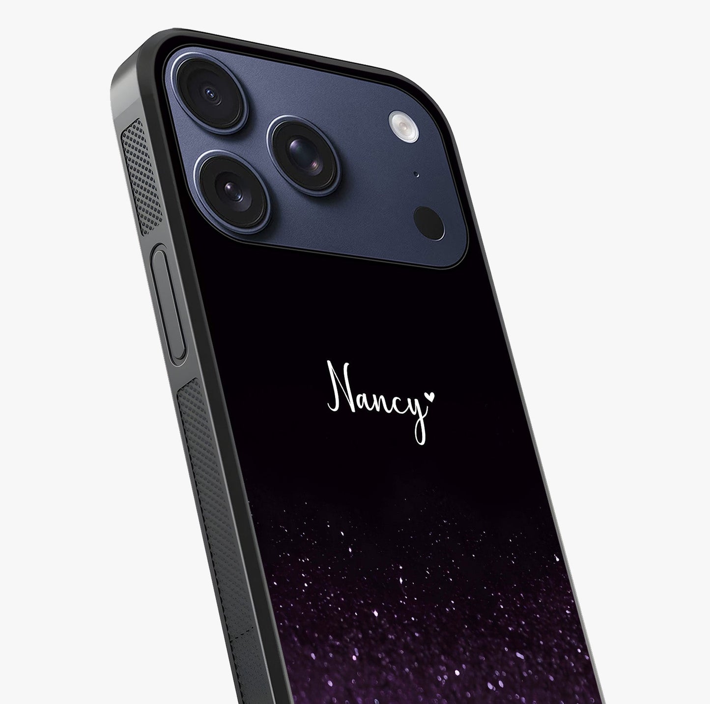 Glittery Purple Bokeh Custom Name Glass Case captured at a warm angle highlighting gloss, texture and premium glass finish.