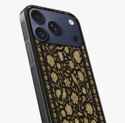 Golden Evil Eye Mandala Glass Case captured at a warm angle highlighting gloss, texture and premium glass finish.