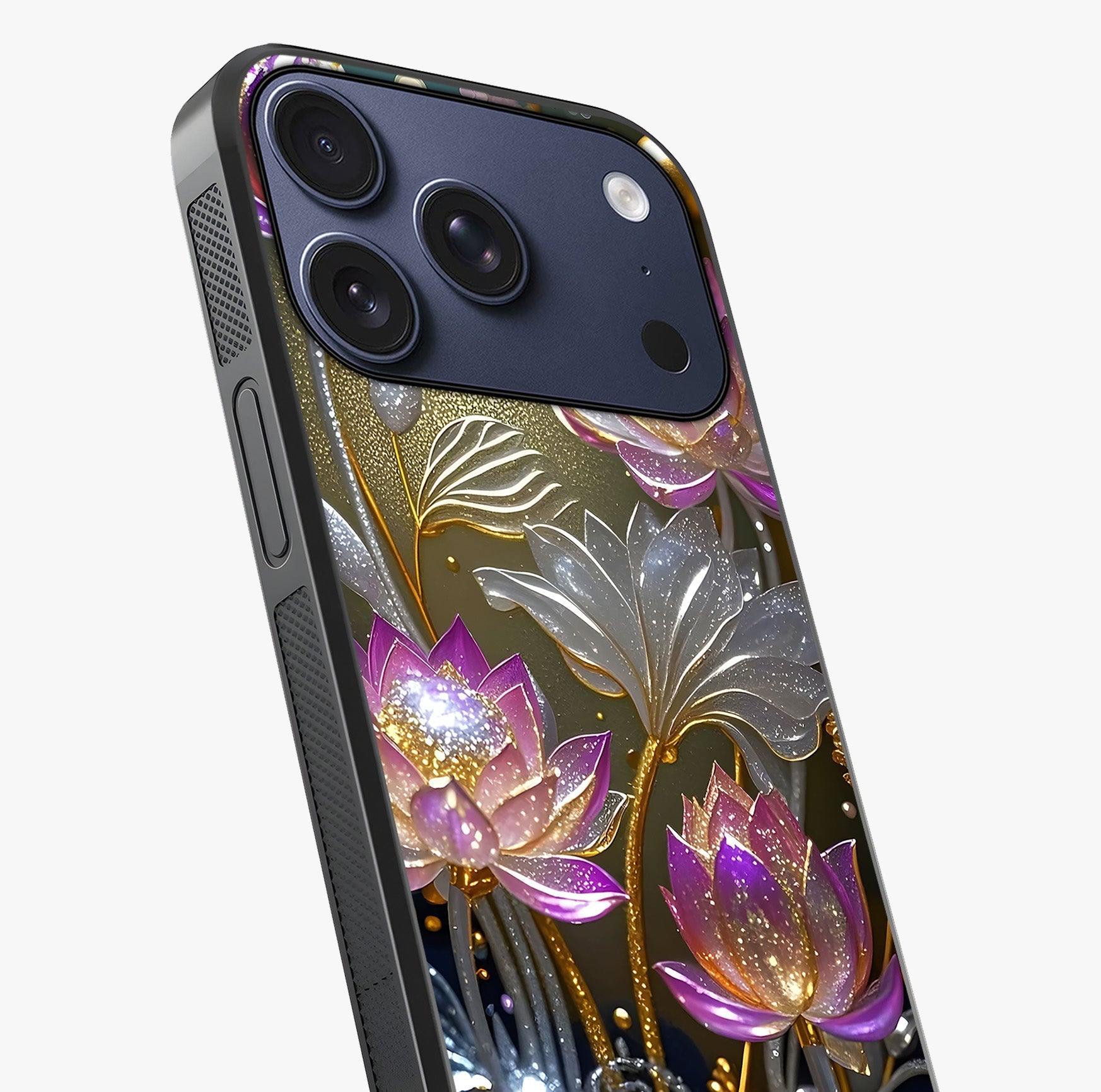 Golden Floral Majesty Glass Case captured at a warm angle highlighting gloss, texture and premium glass finish.