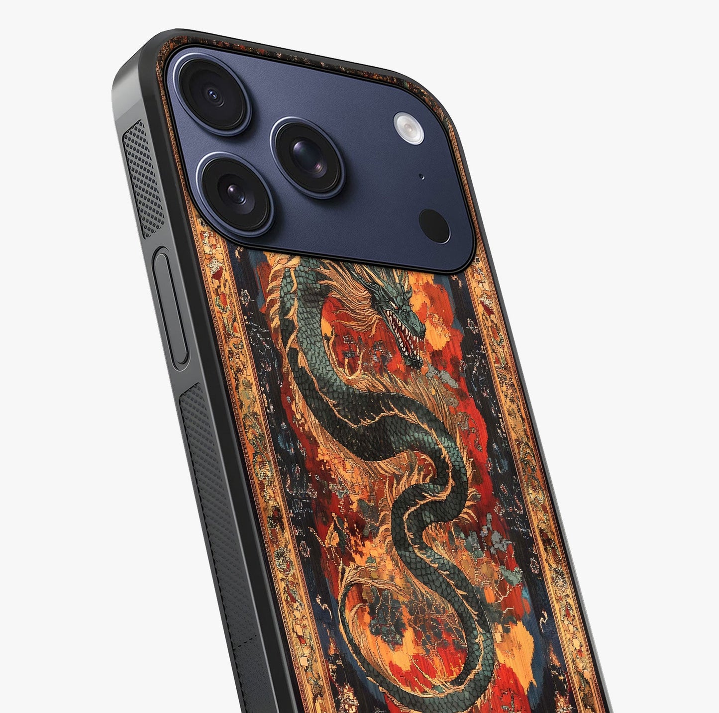 Inferno Dragon Soul Glass Case captured at a warm angle highlighting gloss, texture and premium glass finish.
