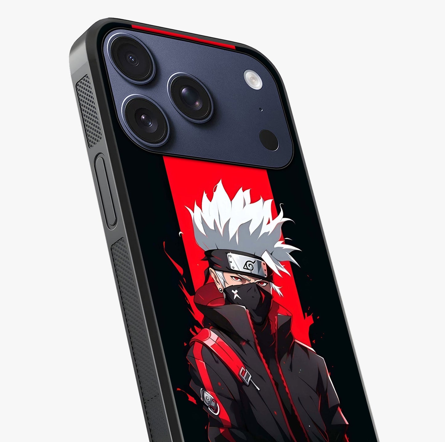 Kakashi Scarlet Shadow Glass Case captured at a warm angle highlighting gloss, texture and premium glass finish.
