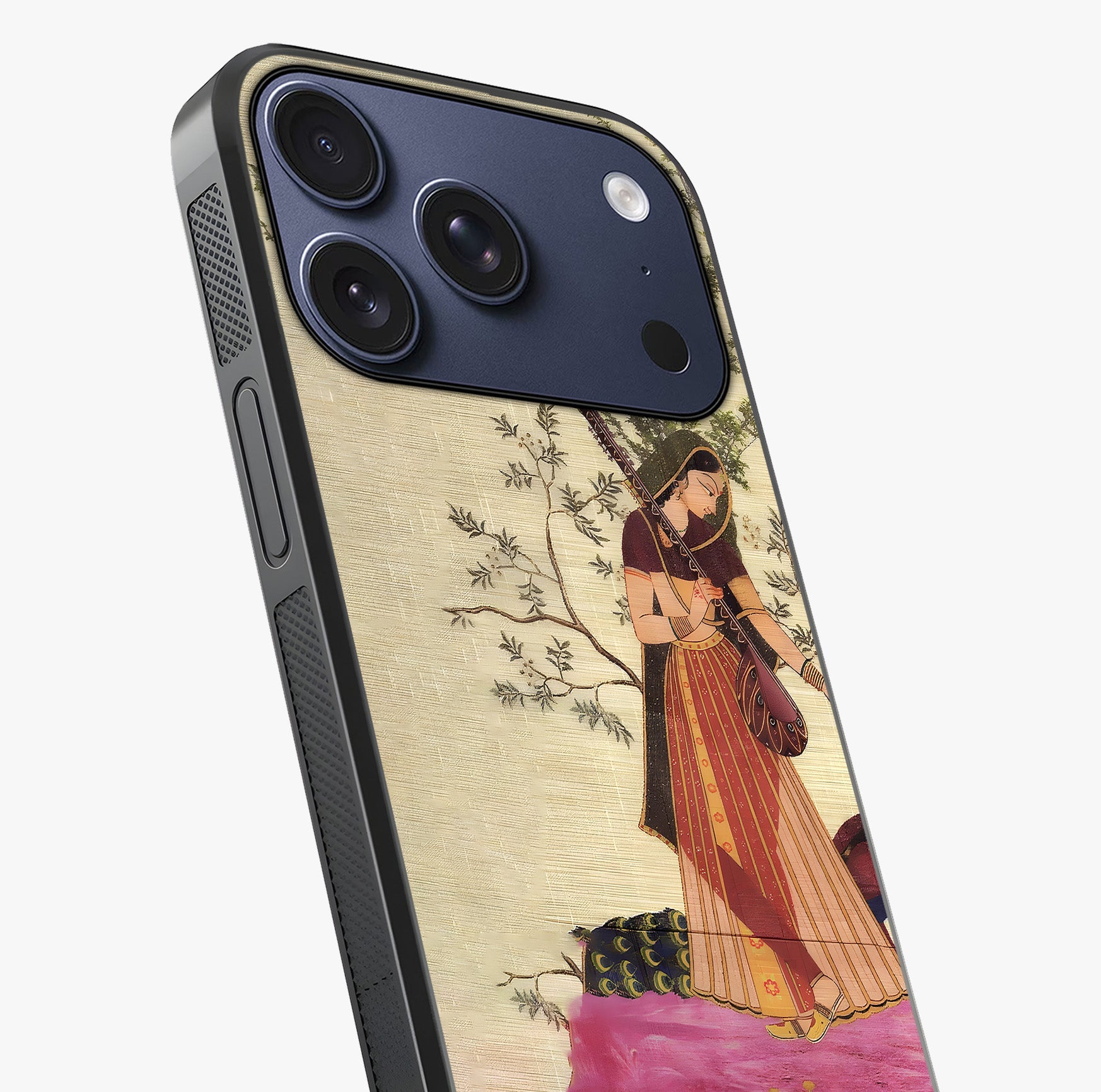 Lady With Veena Art Glass Case captured at a warm angle highlighting gloss, texture and premium glass finish.
