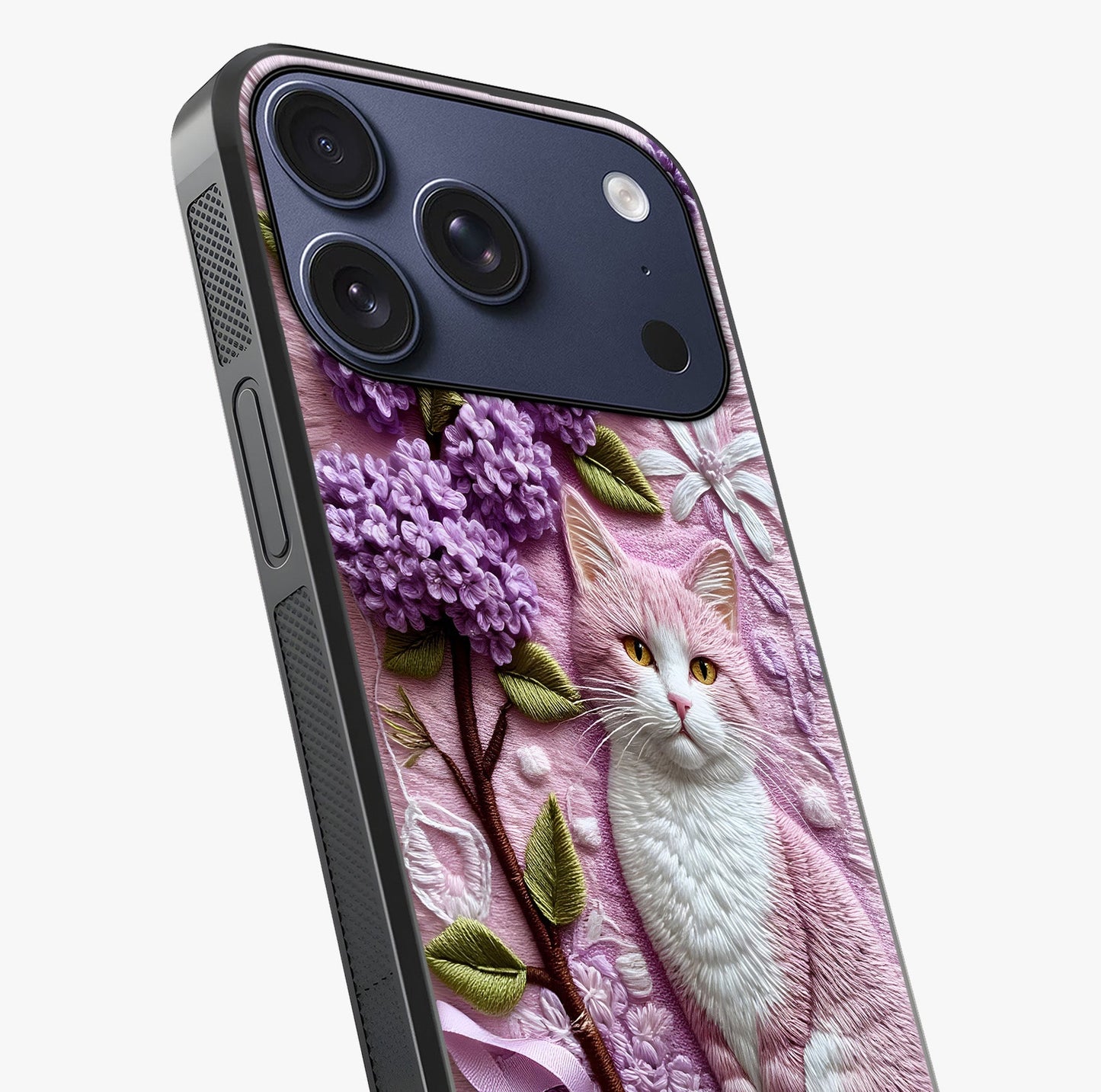 Lavender Cat Whimsy Glass Case captured at a warm angle highlighting gloss, texture and premium glass finish.