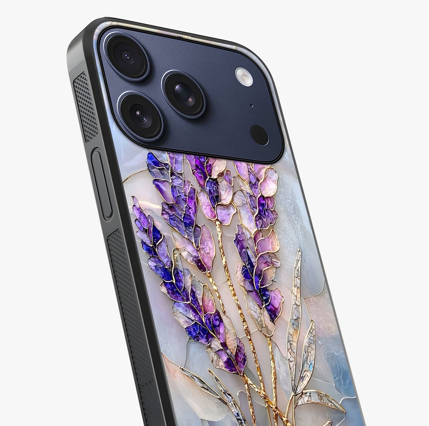 Lavender Dream Glow Glass Case captured at a warm angle highlighting gloss, texture and premium glass finish.