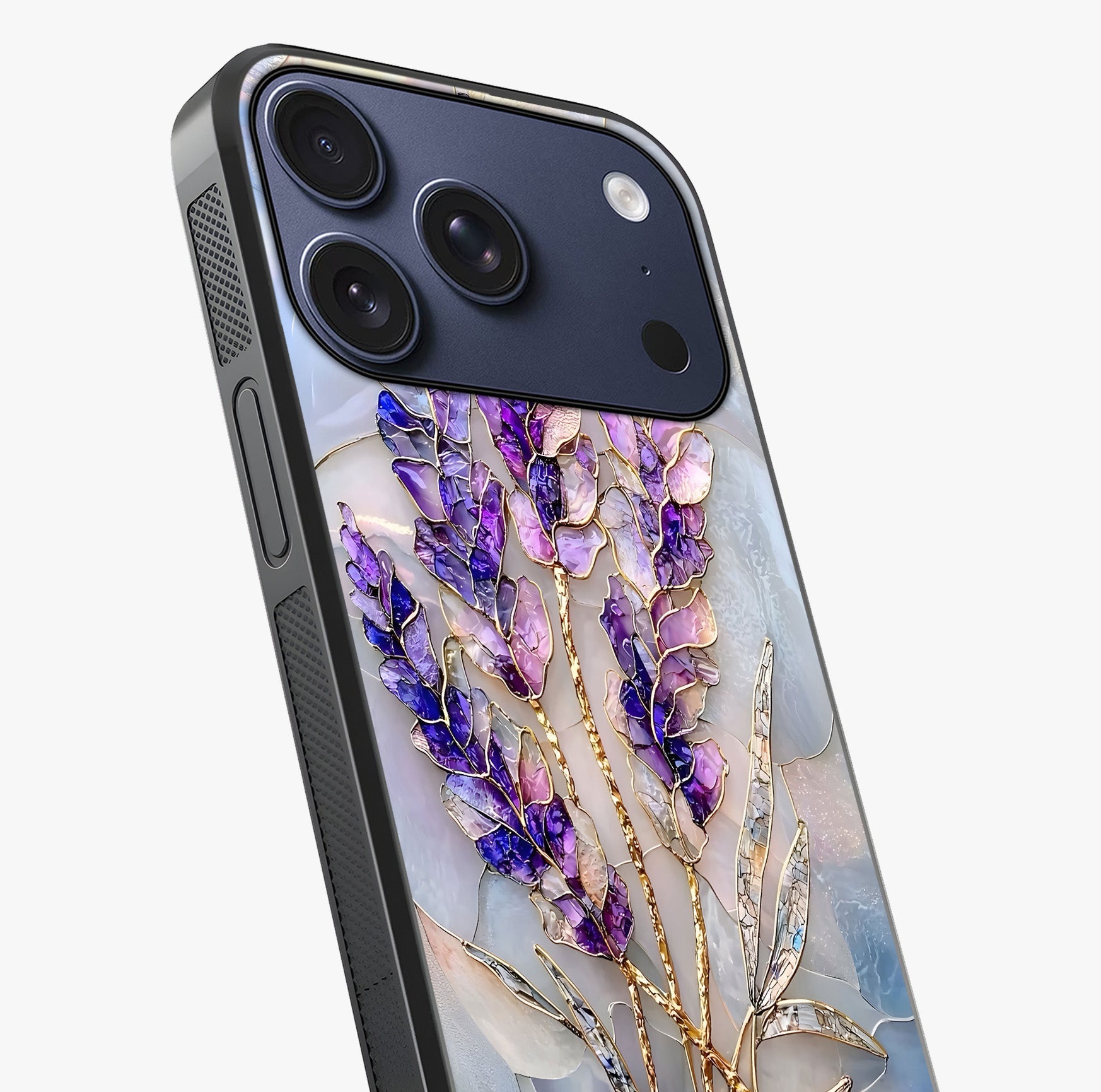 Lavender Dream Glow Glass Case captured at a warm angle highlighting gloss, texture and premium glass finish.