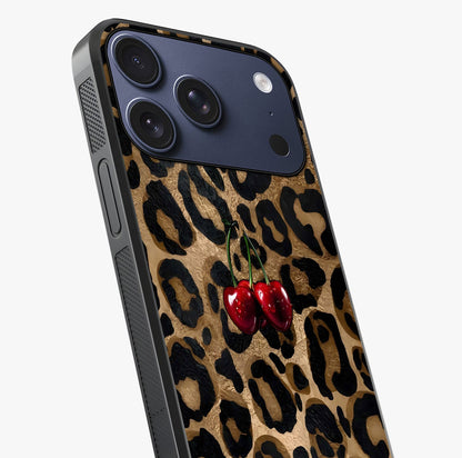 Leopard Wild Cherry Glass Case captured at a warm angle highlighting gloss, texture and premium glass finish.