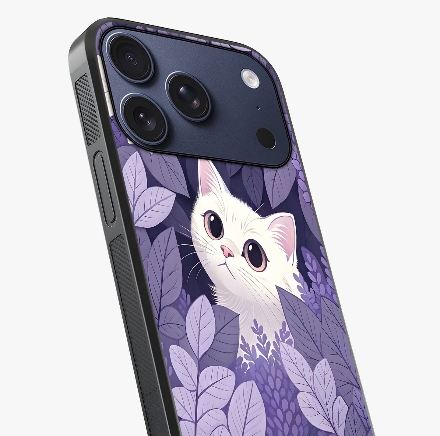 Lilac Hide Peek Cat Glass Case captured at a warm angle highlighting gloss, texture and premium glass finish.