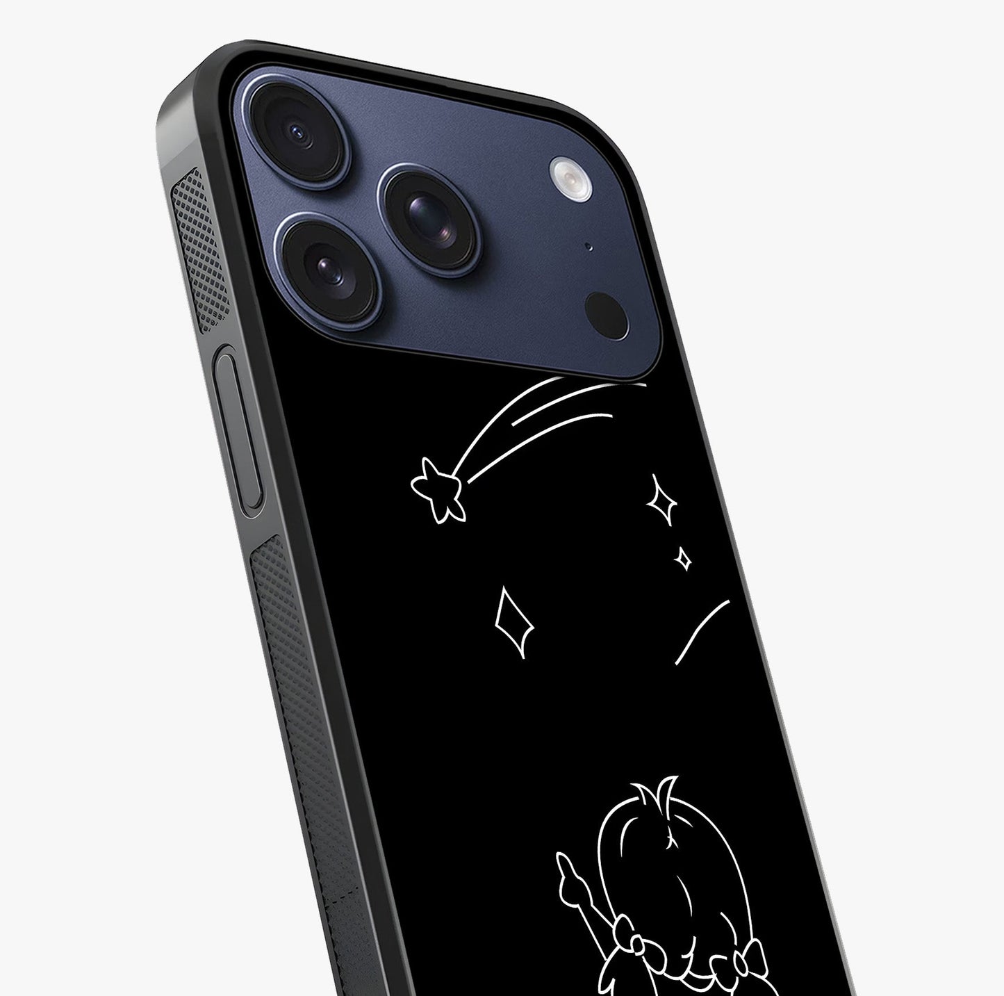 Line Art Girl With Shooting Stars Glass Case captured at a warm angle highlighting gloss, texture and premium glass finish.
