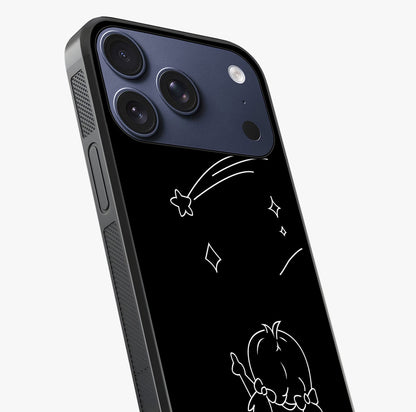 Line Art Girl With Shooting Stars Glass Case captured at a warm angle highlighting gloss, texture and premium glass finish.