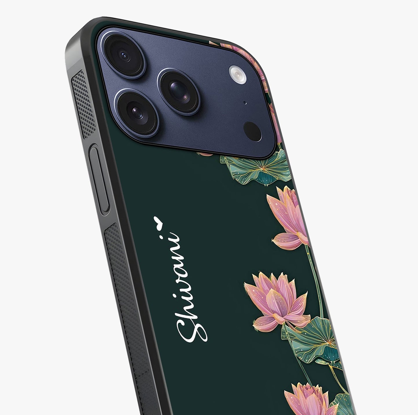 Lotus Bloom Serenity Custom Name Glass Case captured at a warm angle highlighting gloss, texture and premium glass finish.