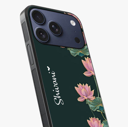 Lotus Bloom Serenity Custom Name Glass Case captured at a warm angle highlighting gloss, texture and premium glass finish.