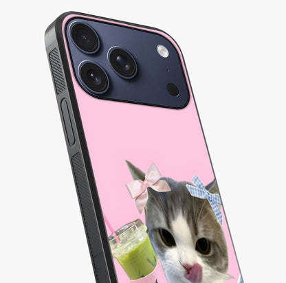 Love Matcha Cat Glass Case captured at a warm angle highlighting gloss, texture and premium glass finish.
