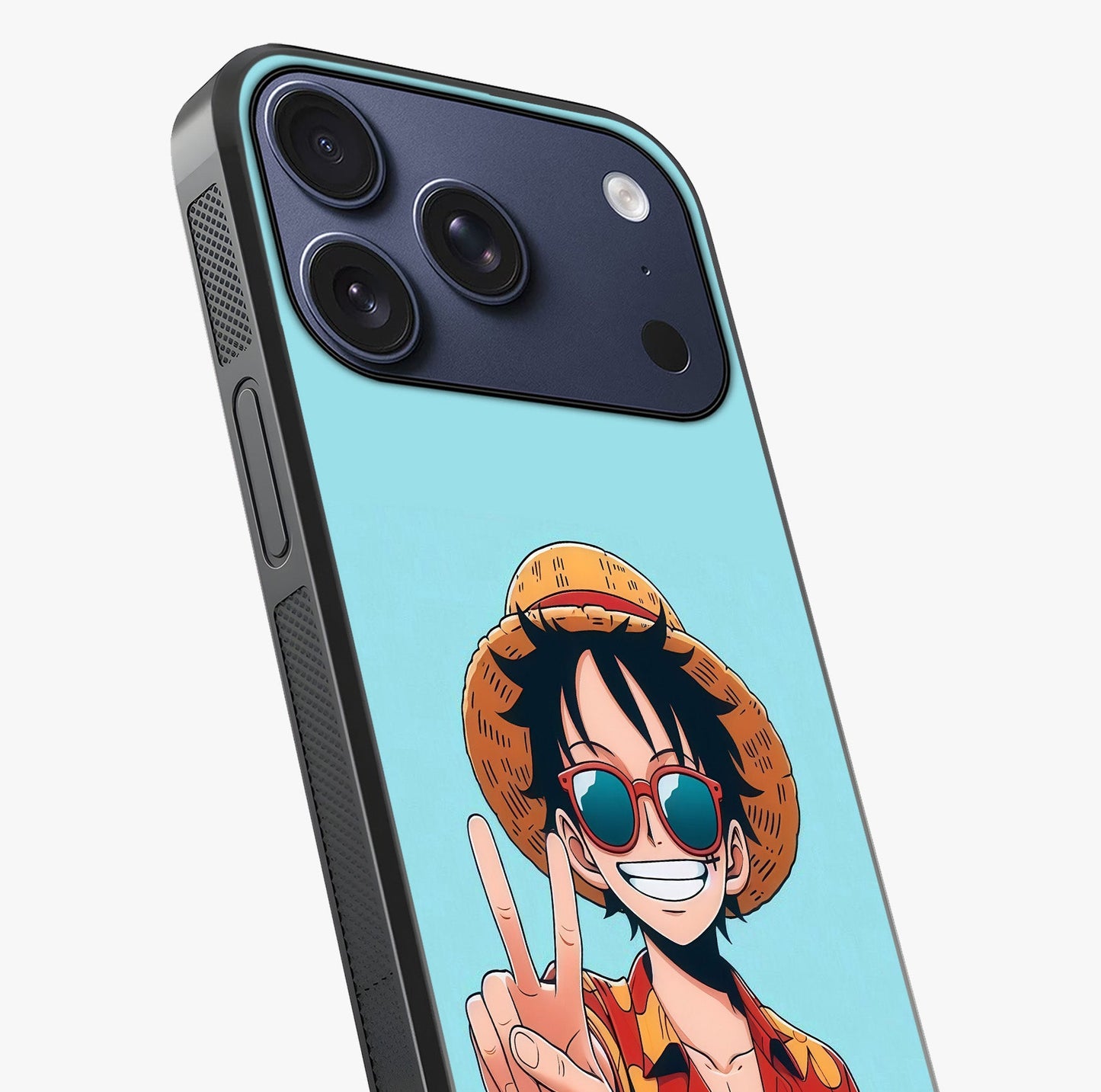 Luffy Summer Anime Vibe Glass Case captured at a warm angle highlighting gloss, texture and premium glass finish.