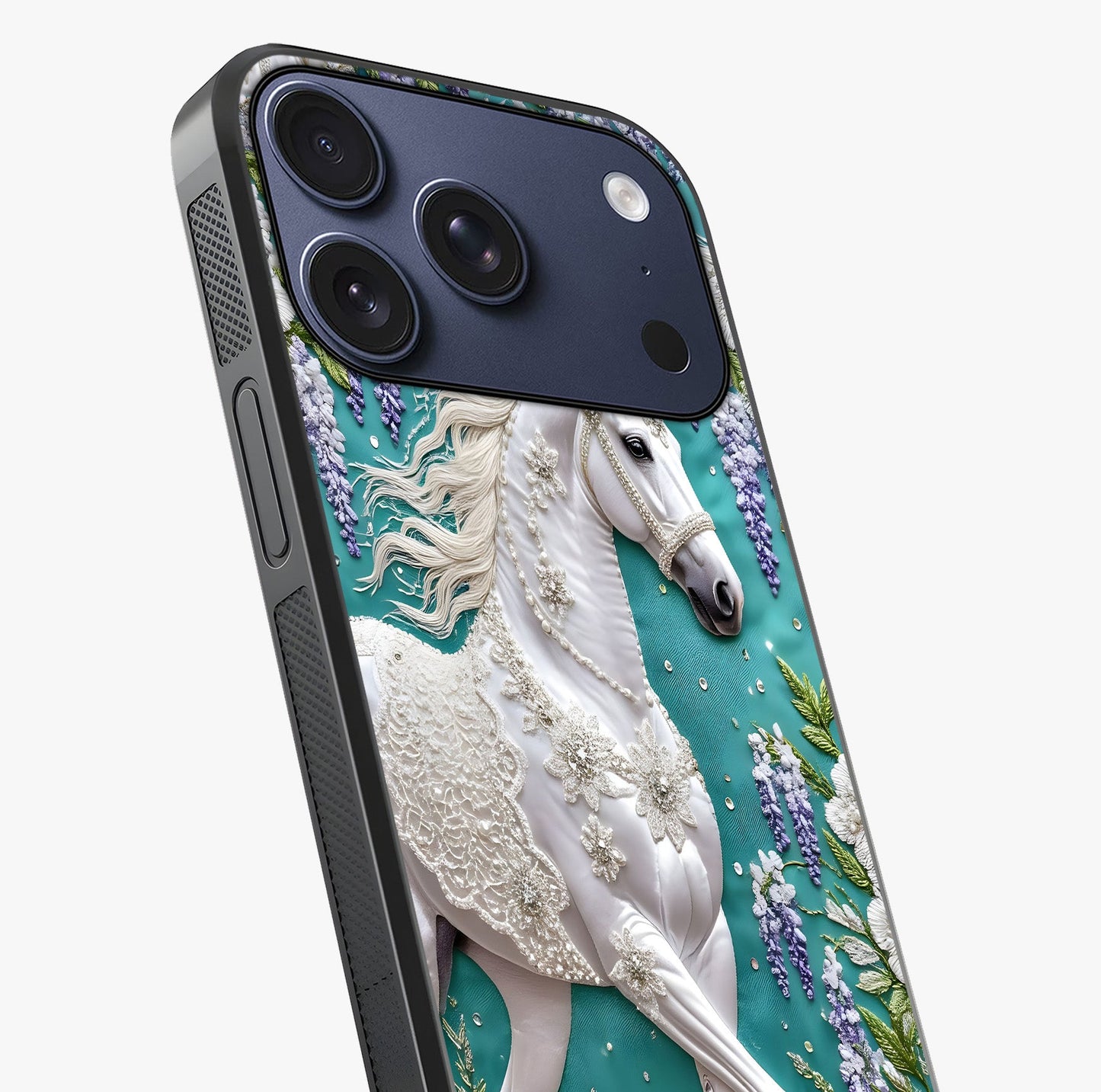 Majestic Floral Stallion Glass Case captured at a warm angle highlighting gloss, texture and premium glass finish.