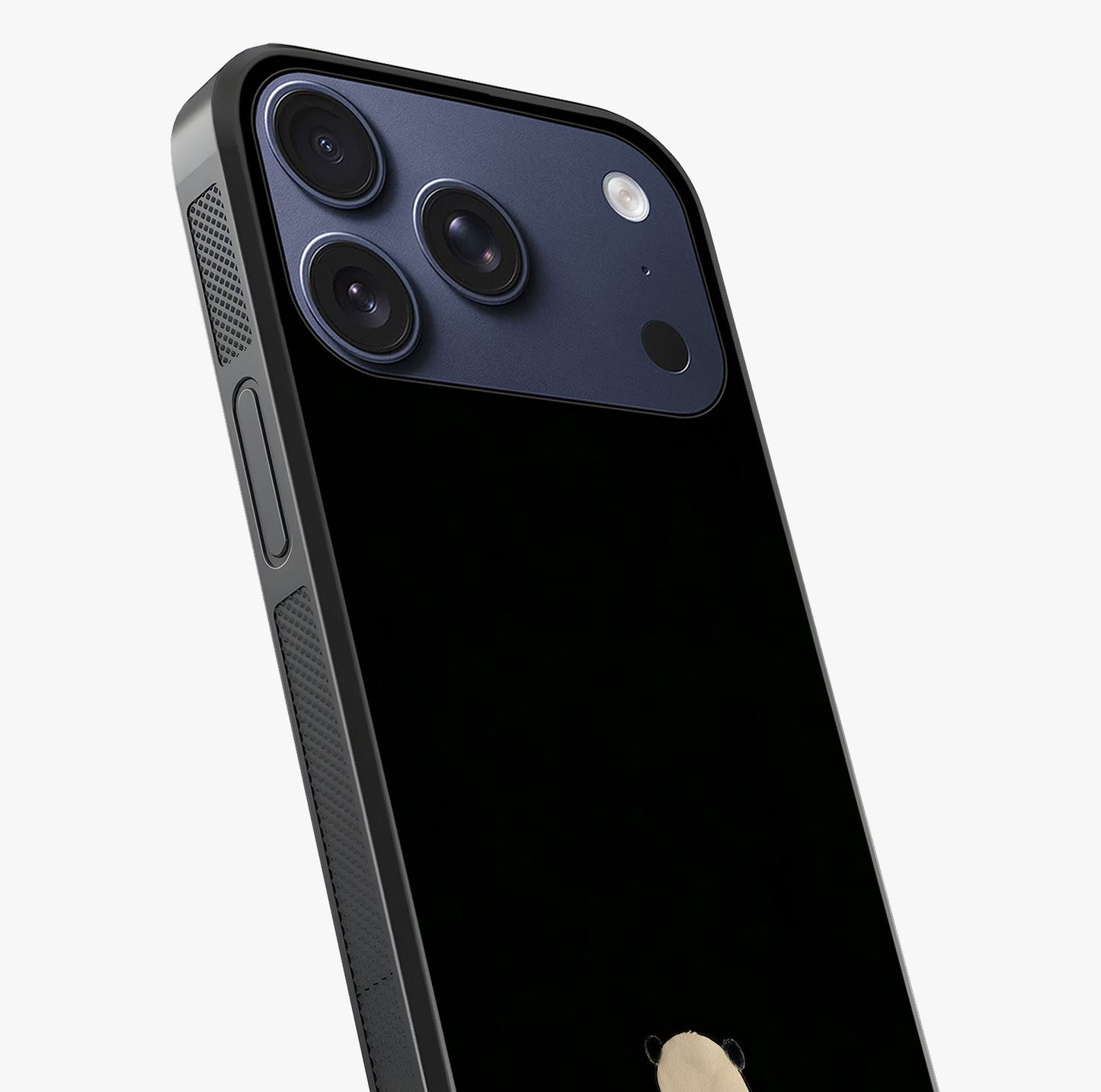 Midnight Panda Love Glass Case captured at a warm angle highlighting gloss, texture and premium glass finish.