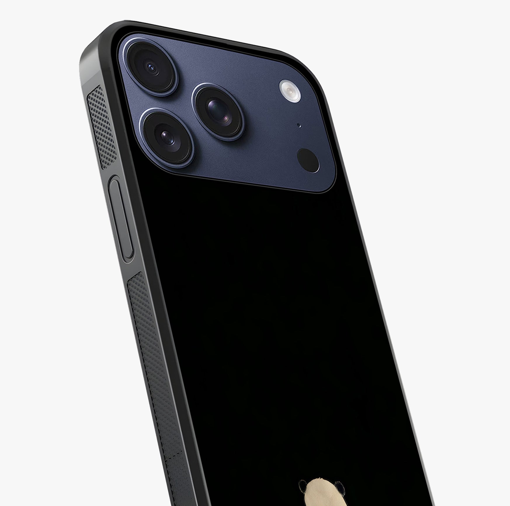 Midnight Panda Love Glass Case captured at a warm angle highlighting gloss, texture and premium glass finish.