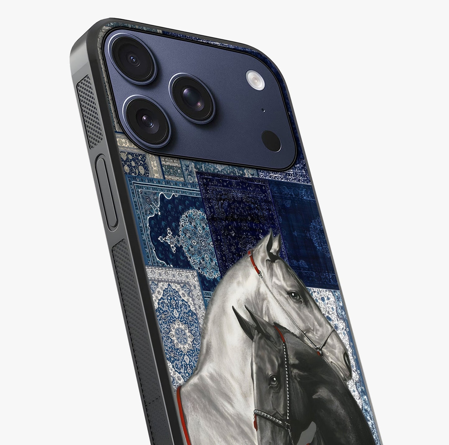 Midnight Stallion Blues Glass Case captured at a warm angle highlighting gloss, texture and premium glass finish.