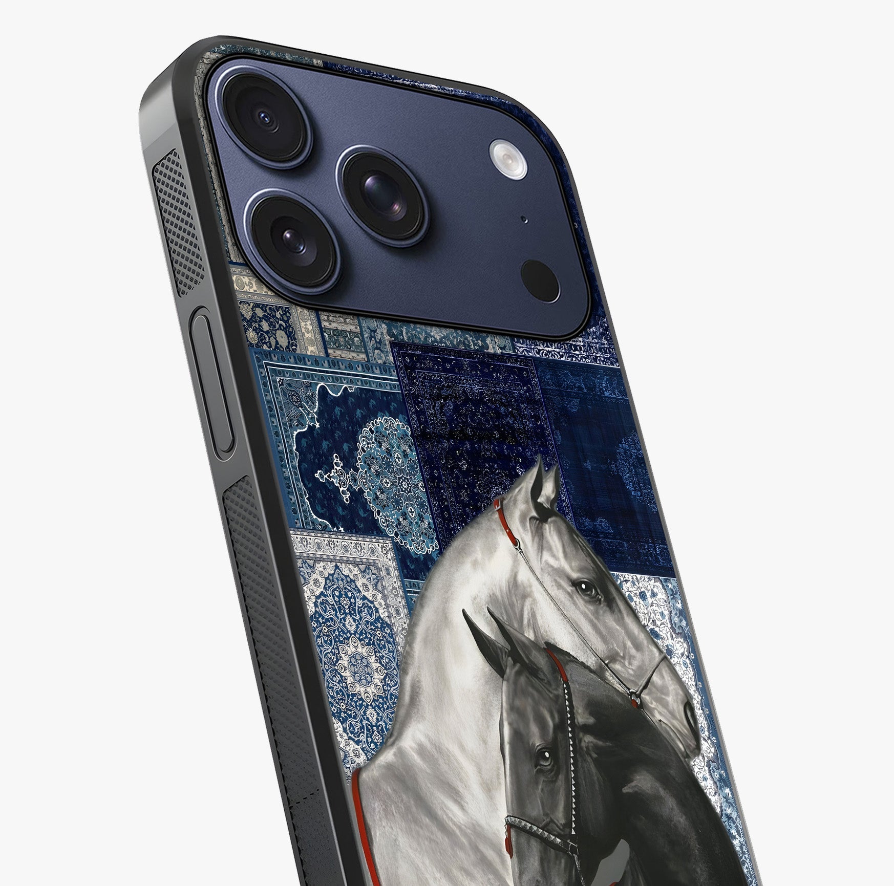 Midnight Stallion Blues Glass Case captured at a warm angle highlighting gloss, texture and premium glass finish.