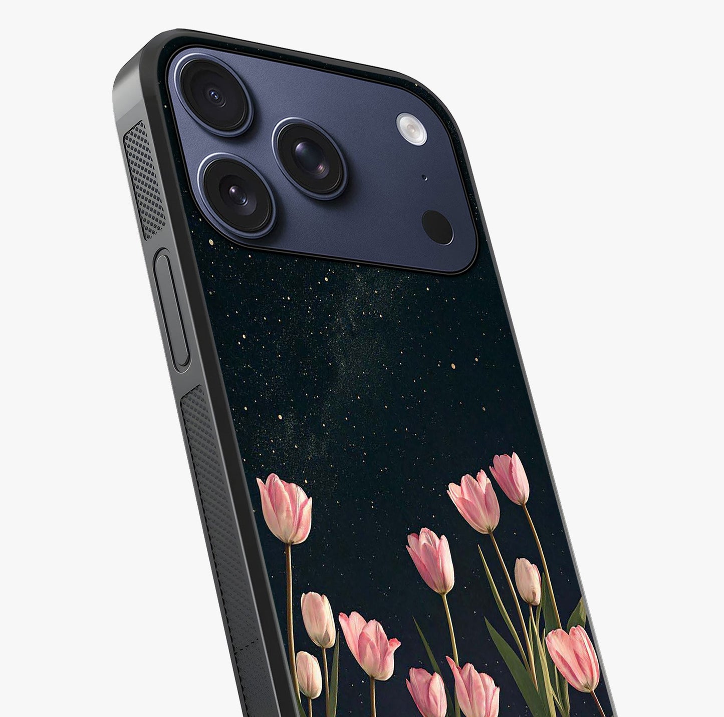 Midnight Tulip Whispers Vibe Glass Case captured at a warm angle highlighting gloss, texture and premium glass finish.