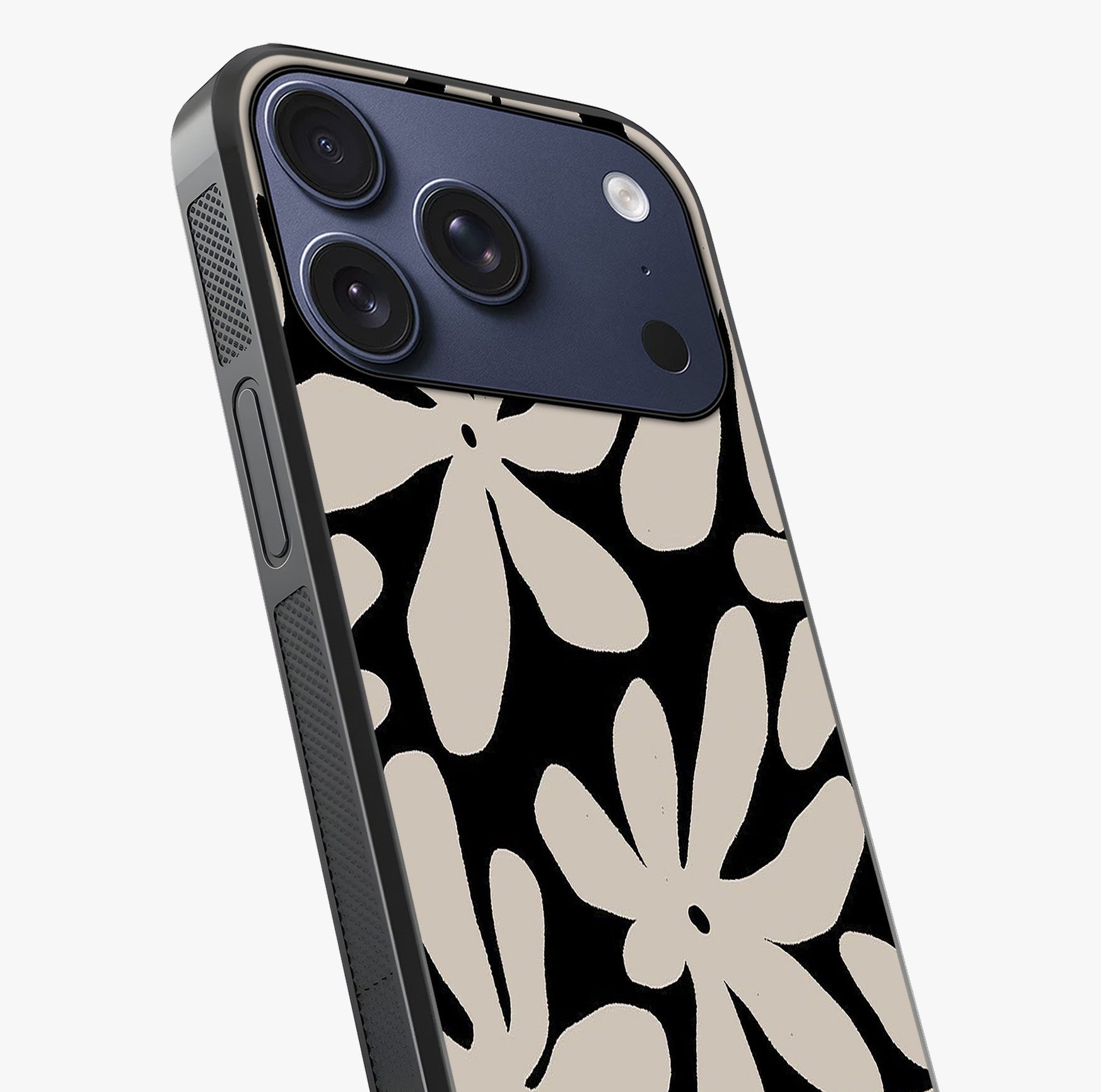 Monochrome Petal Dance Glass Case captured at a warm angle highlighting gloss, texture and premium glass finish.