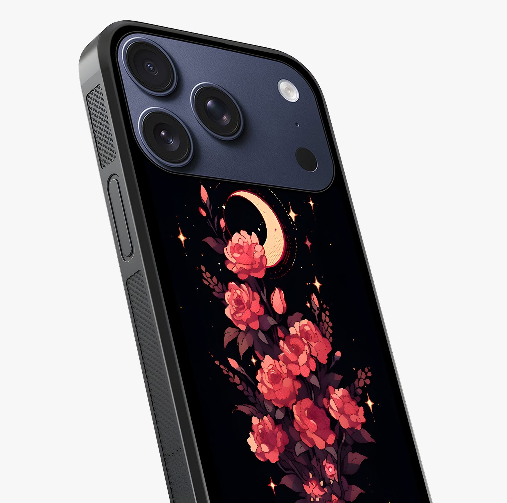 Moonlit Floral Elegance Glass Case captured at a warm angle highlighting gloss, texture and premium glass finish.