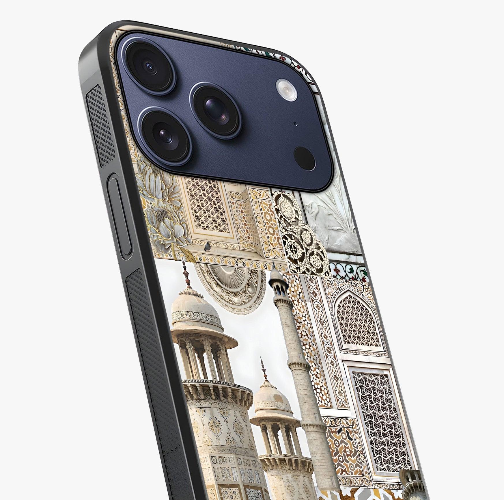 Mughal Marble Legacy Glass Case captured at a warm angle highlighting gloss, texture and premium glass finish.
